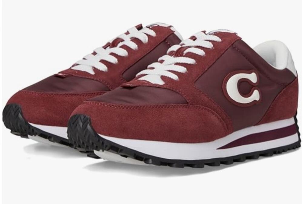 Coach Retro Runner Sneakers Womens 7.5 Red MerlotSuede Leather C Logo NEW